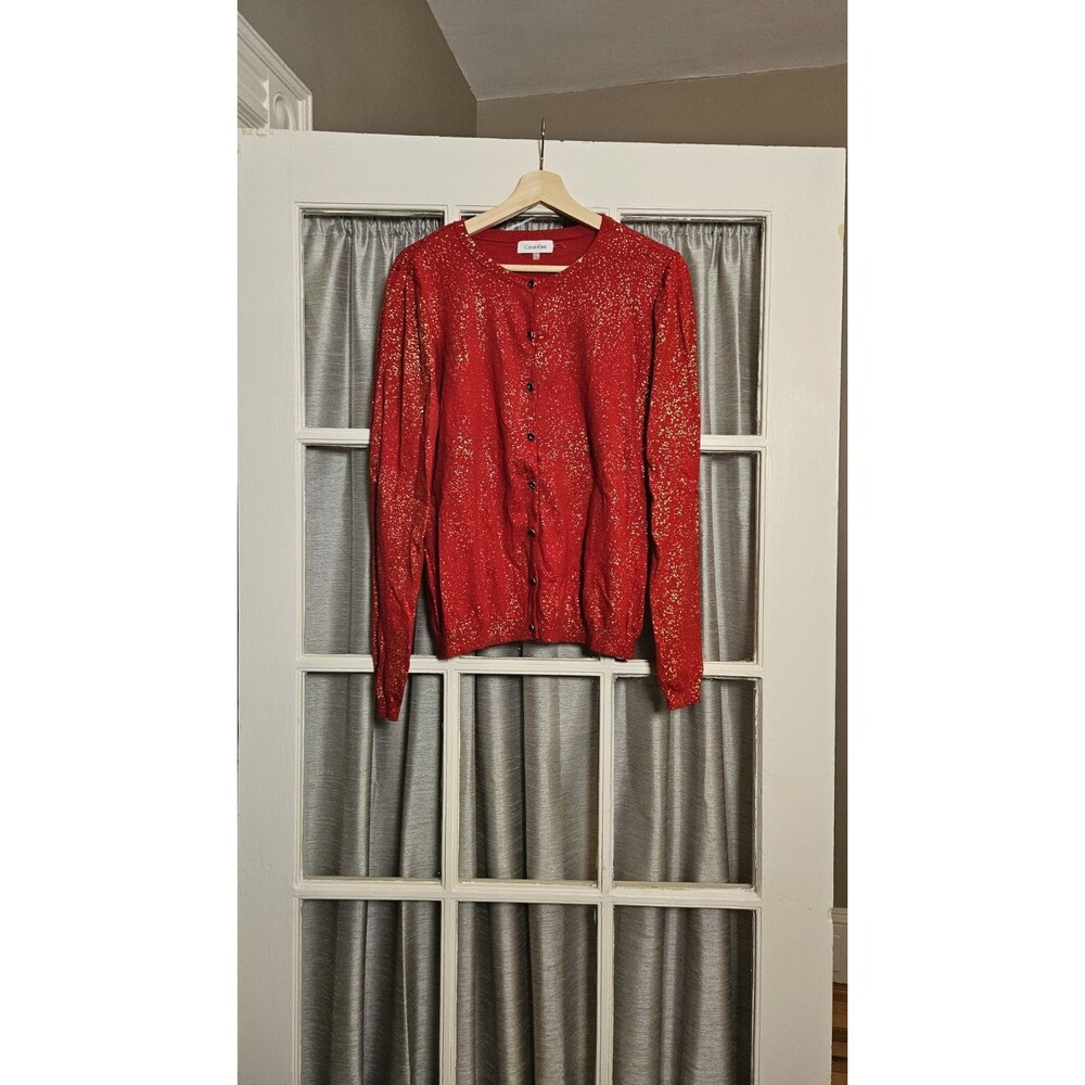 Calvin Klein Womens Large Red Gold Foil Metallic Cardigan Sweater Angora Blend
